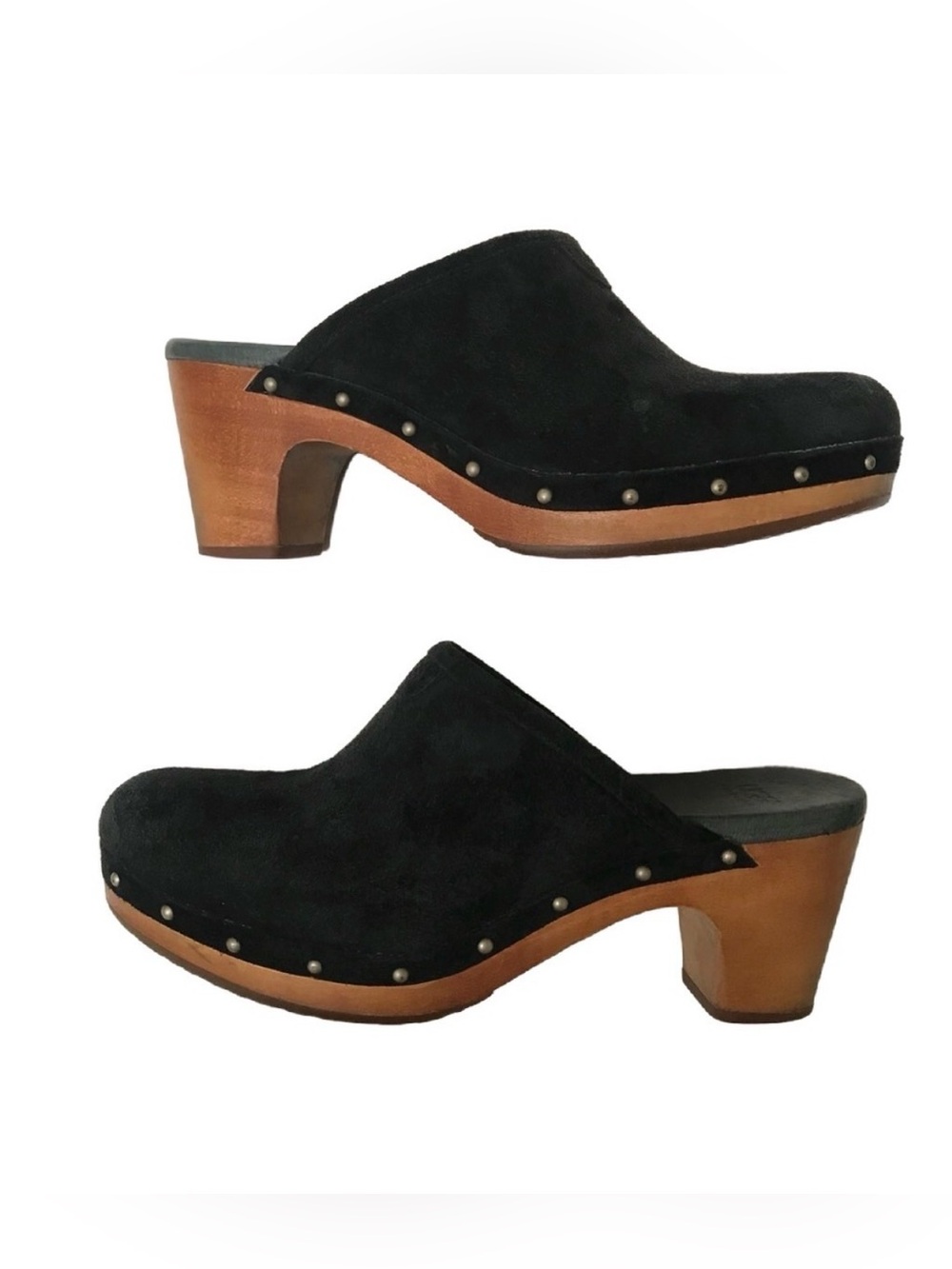 UGG Australia Black Suede Abbie Studded Wood Clog Mules Size 10